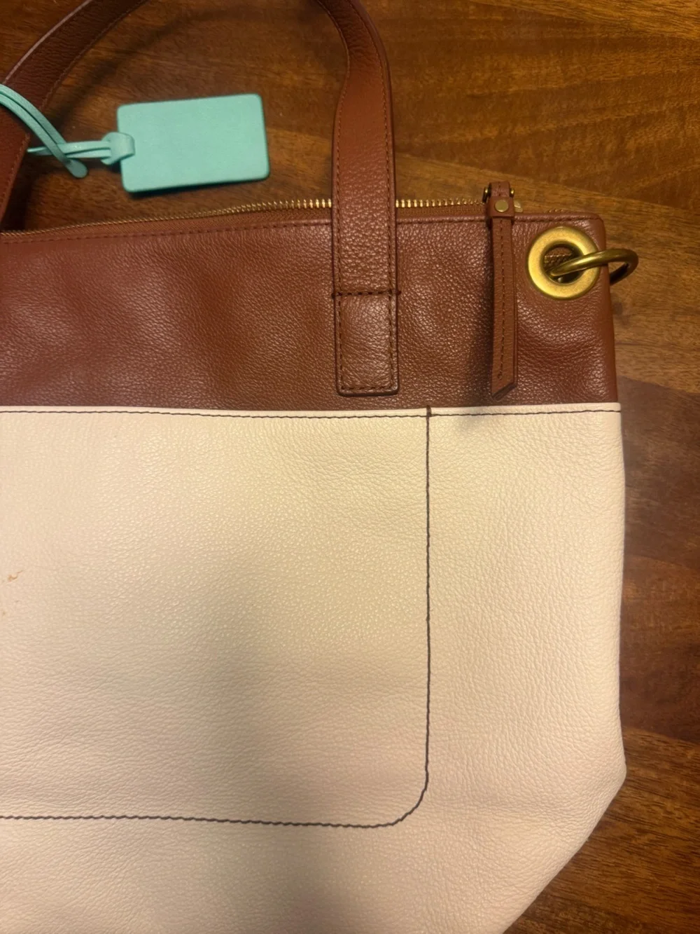 Fossil Colorblock Leather Tote Bag Ivory Cream Brown Pebbled Leather Zip Top